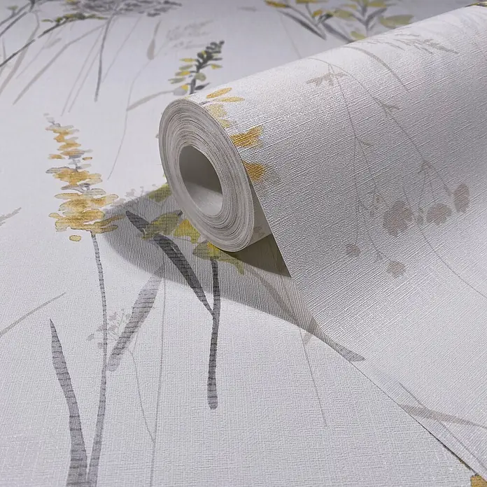 Marburg Novamur Plus Fresh UP Vliestapete Floral I - Weiß-Gelb, Floral, 10,05 x 0,53 m - Strukturierte weiße Tapetenrolle mit zartem gelbem und grauem botanischem Muster.
