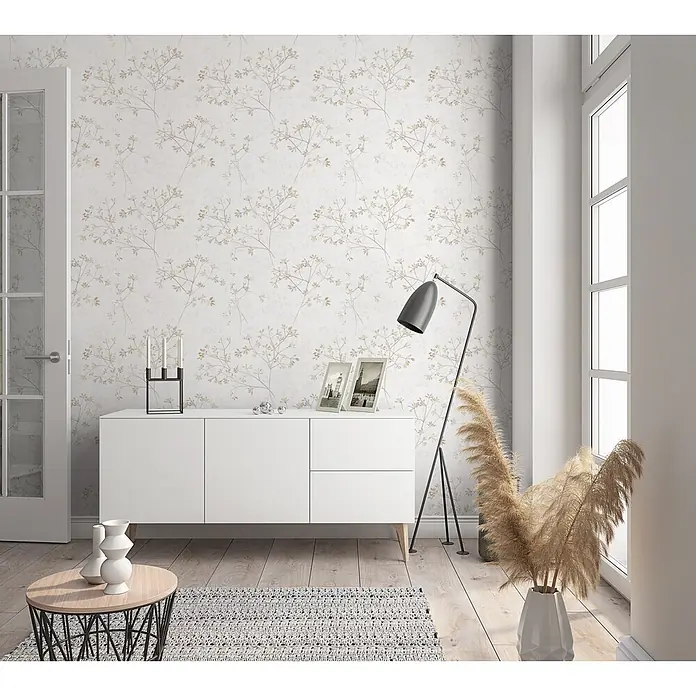 Marburg Novamur Plus Fresh UP Vliestapete Floral II - Weiß-Beige, Floral, 10,05 x 0,53 m - Weiße Tapete mit einem dezenten, hellbeigen botanischen Muster aus zarten Ästen und Blättern.