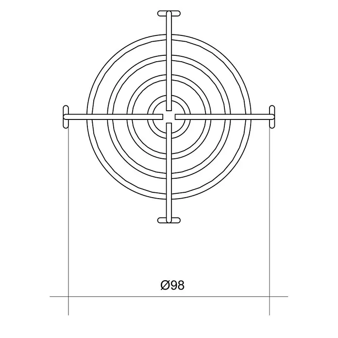 Air-Circle Schutzgitter - Passend für: Rohrradialventilator 100 - Draufsicht auf ein rundes Schutzgitter mit vier Streben und der Angabe Ø98.