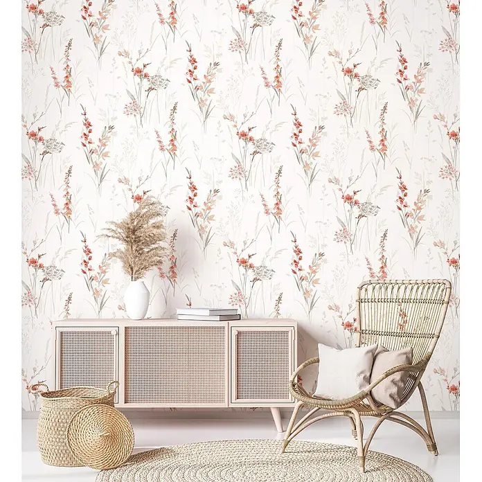 Marburg Novamur Plus Fresh UP Vliestapete Floral I - Weiß-Rot, Floral, 10,05 x 0,53 m - Tapete mit zartem Aquarellmuster aus roten und rosafarbenen Wildblumen und Gräsern auf hellem Hintergrund, für eine sanfte Raumästhetik.