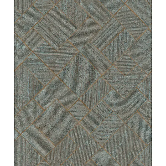 Marburg Ritus Vliestapete Grafik I - Kupfer-Blau, Grafisch, 10,05 x 0,53 m - Strukturierte geometrische Tapete in mattem Türkis und Braun mit goldenen Konturen.