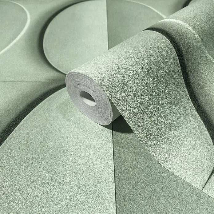 Marburg Shades Iconic Vliestapete Grafik V - Grün, Grafisch, 10,05 x 0,53 m - Hellgrüne strukturierte Tapetenrolle, teilweise abgerollt, mit subtilem geometrischem 3D-Muster und geschwungenen Formen.
