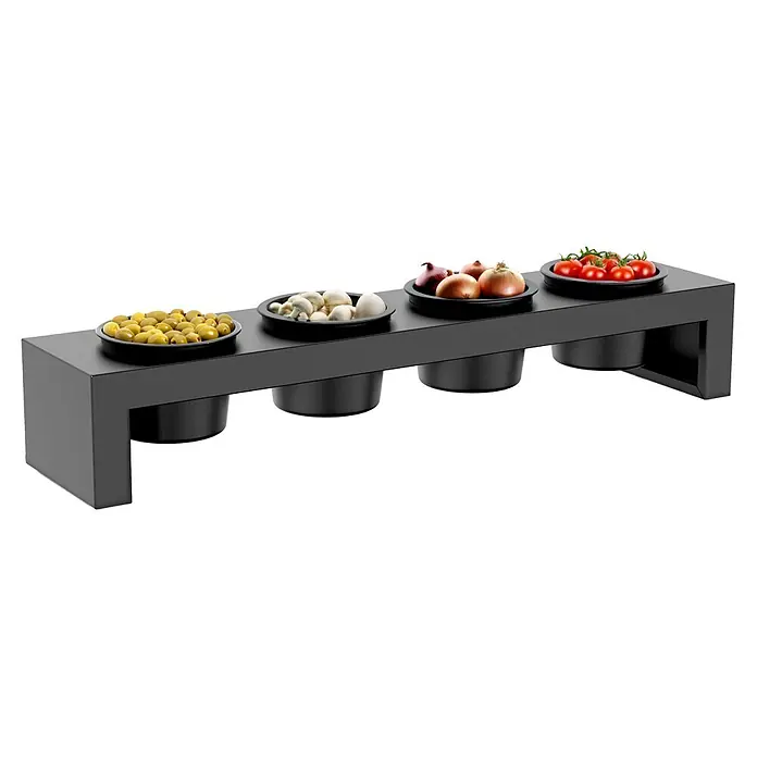 Cozze Toppingstation - Stahl, B x T x H: 60 x 13 x 10 cm - Schwarzer Spenderständer mit vier Schalen: grüne Oliven, Pilze, Zwiebeln, Kirschtomaten.