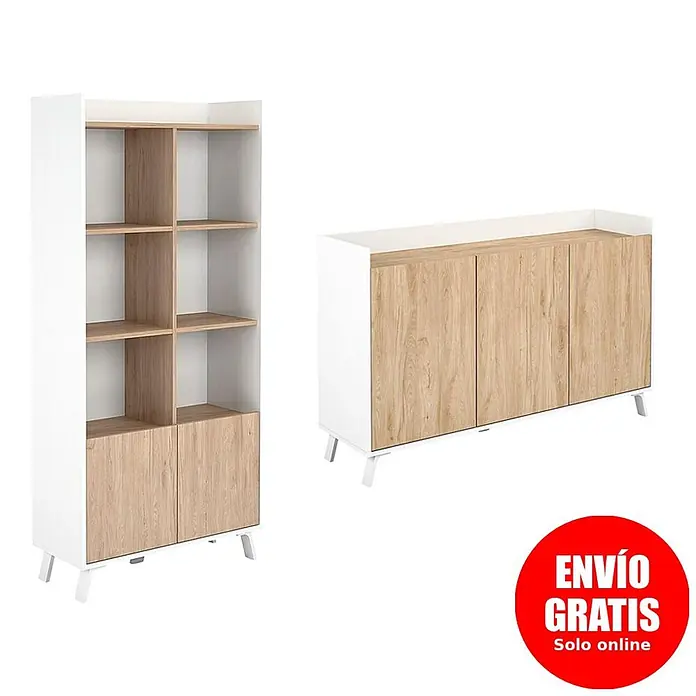 Meka Block Conjunto mueble de salón K-50 - 2 pzs., Blanco Poro/Roble Aurora - Estantería blanca con baldas y puertas inferiores de madera clara, y aparador a juego con puertas de madera clara y patas blancas.