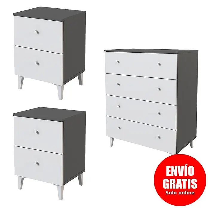 Meka Block Cómoda con mesitas de noche París - 3 pzs., Gris París/Blanco Liso - Conjunto de mesitas de noche blancas y gris oscuro y una cómoda a juego con patas blancas.