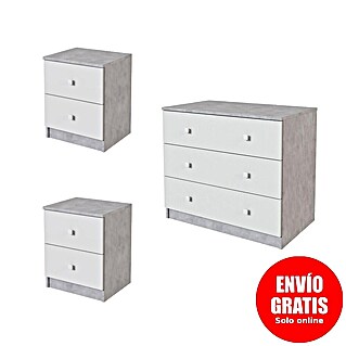 Meka Block Cómoda con mesitas de noche K-63 (3 pzs., Cemento Grey/Blanco Liso)