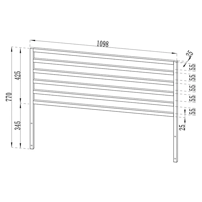 Cozze Elements Rückwand - B x H: 110 x 75 cm, Passend für: Cozze Elements Grillküchenmodul, Schwarz - Technische Zeichnung einer Lamellenplatte mit Maßen. Sie ist 1098mm breit und 770mm hoch und weist mehrere horizontale Lamellen auf.