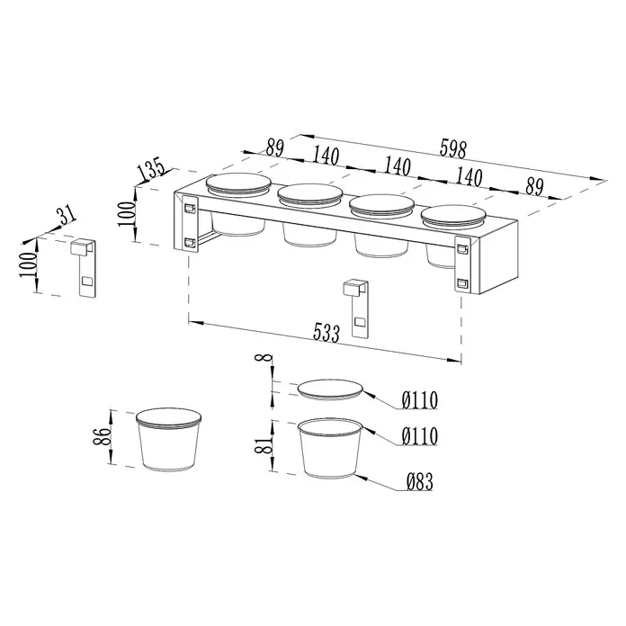 Cozze Toppingstation - Stahl, B x T x H: 60 x 13 x 10 cm - Wandmontiertes Gewürzregal mit vier Töpfen und passenden Deckeln, mit detaillierten Maßen und Montagehalterungen.