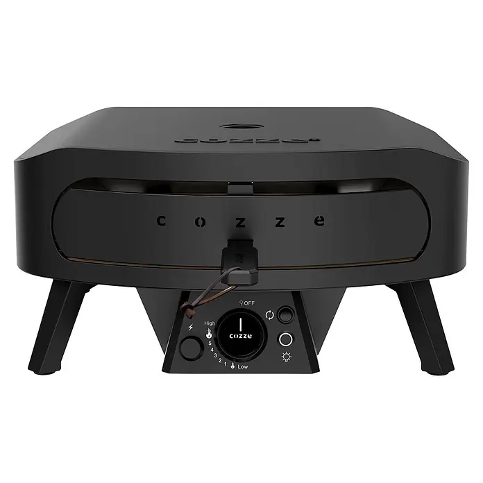 Cozze Pizzaofen Black Edition 17" mit drehbarem Pizzastein - Durchmesser Grillfläche: 43 cm, 8 kW - Schwarzer Cozze Kompakt-Outdoor-Pizzaofen mit Frontbedienung für Hitze und Zündung.
