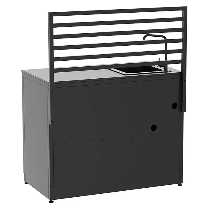 Cozze Elements Rückwand - B x H: 110 x 75 cm, Passend für: Cozze Elements Grillküchenmodul, Schwarz - Kompakte anthrazitfarbene und hellgraue Metall-Außenküchenzeile mit Spülbecken, Armatur und Lamellenrückwand.