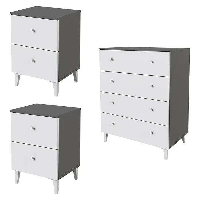 Meka Block Cómoda con mesitas de noche París - 3 pzs., Gris París/Blanco Liso - Conjunto de dormitorio moderno: dos mesitas de noche gris oscuro con dos cajones blancos, y una cómoda de cuatro cajones blancos con patas cónicas.