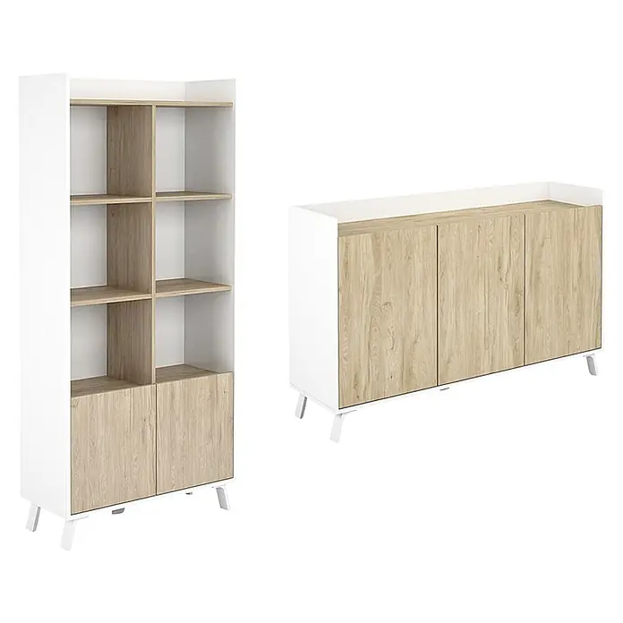 Meka Block Conjunto mueble de salón K-50 - 2 pzs., Blanco Poro/Roble Aurora - Dos muebles modernos: una estantería blanca con estantes efecto madera clara y dos puertas inferiores, y un aparador a juego con tres puertas efecto madera.