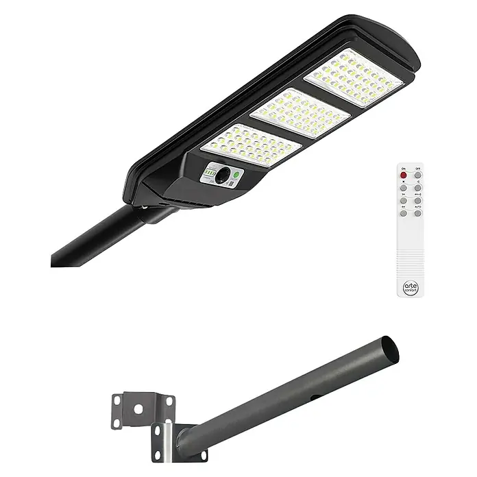 Arte confort Lusna Farola LED con soporte - 12 W, 1.500 lm, 6.500 K, IP54 - Farola solar LED negra con control remoto y brazo de montaje.