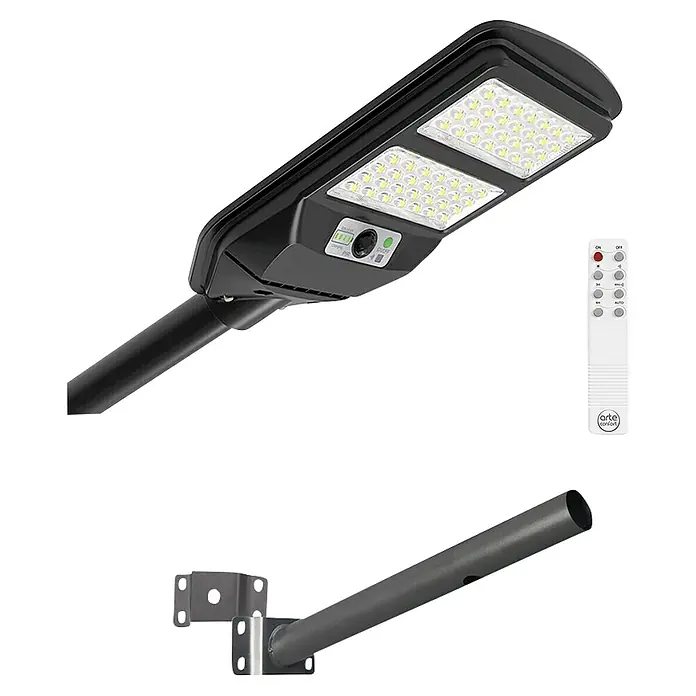 Arte confort Lusna Farola LED con soporte - 8 W, 700 lm, 6.500 K, IP54 - Farola solar LED negra con control remoto blanco y brazo de montaje metálico para iluminación exterior.