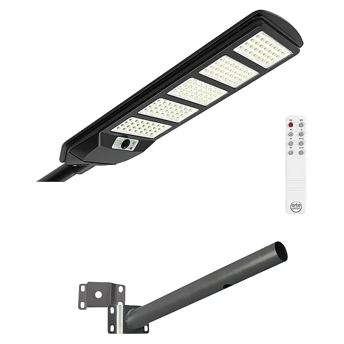 Arte confort Lusna Farola LED con soporte - 20 W, 3.000 lm, 6.500 K, IP54 - Farola solar negra con paneles LED, control remoto blanco y brazo de montaje gris oscuro.