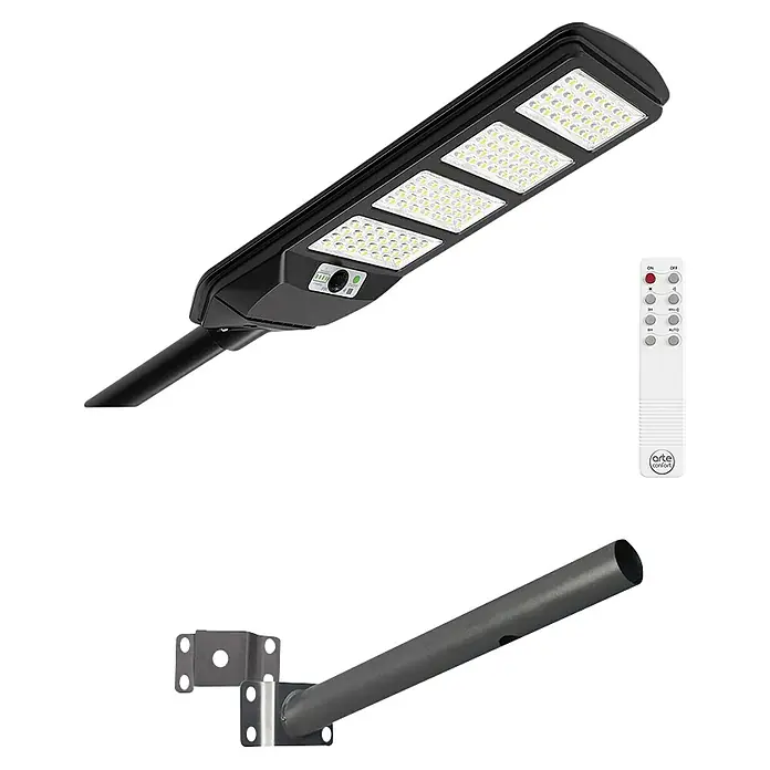 Arte confort Lusna Farola LED con soporte - 15 W, 2.000 lm, 6.500 K, IP54 - Farola solar negra con paneles LED, control remoto blanco y brazo de montaje negro.