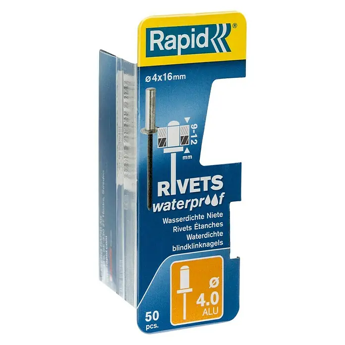 Rapid Blindniete - Nietlänge: 16 mm, Nietdurchmesser: 4 mm, 50 Stk. - Bild einer Packung Rapid wasserdichter Niete, Größe Ø4x16mm, mit 50 Stück Alu-Nieten.