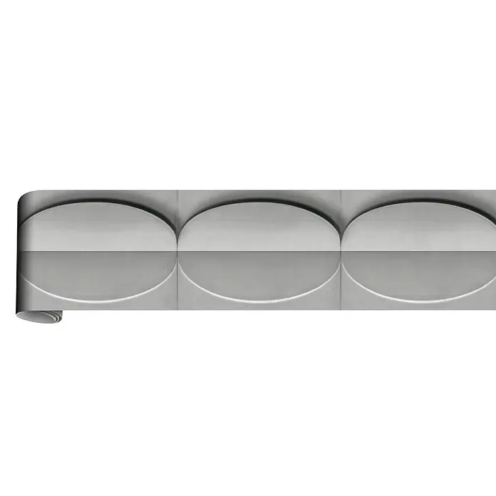 Marburg Shades Iconic Tapetenborte Grafik I - Grau, Grafisch, Vlies - Hellgraue Tapetenrolle mit geprägtem 3D-Kreismuster, teilweise ausgerollt.