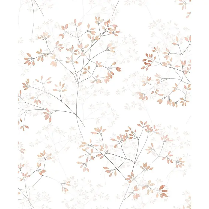 Marburg Novamur Plus Fresh UP Vliestapete Floral II - Weiß-Rot, Floral, 10,05 x 0,53 m - Zartes Muster aus dünnen graubraunen Ästen und texturierten pfirsichfarbenen Blättern mit einer subtilen, helleren Überlagerung.
