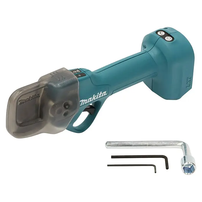 Makita LXT 18V Akku-Astschere DUP181Z - 18 V, Ohne Akku, Max. Aststärke: 30 mm - Türkise Makita Akku-Dichtstoffpresse mit transparenter Abdeckung, dazu ein Schraubenschlüssel und zwei Inbusschlüssel.