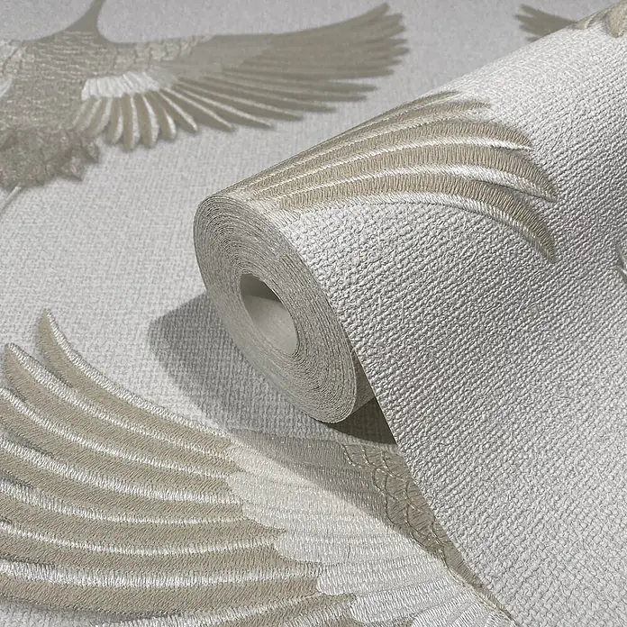 Marburg Kumano Vliestapete Grafik - Weiß, Grafisch, 10,05 x 0,53 m - Strukturierte hellbeige Tapetenrolle mit elegantem Kranich-Stickmuster.