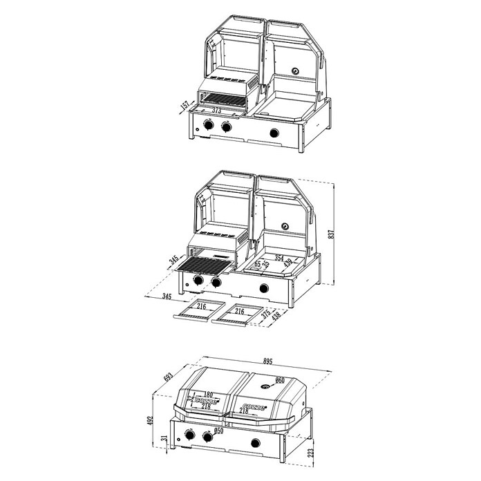 Cozze Hybrid-Grill Quattro 900 (Grillfläche (B x T): 72,7 x 34,5 cm, 13 kW, Anzahl Brenner: 3 Stk.) | BAUHAUS