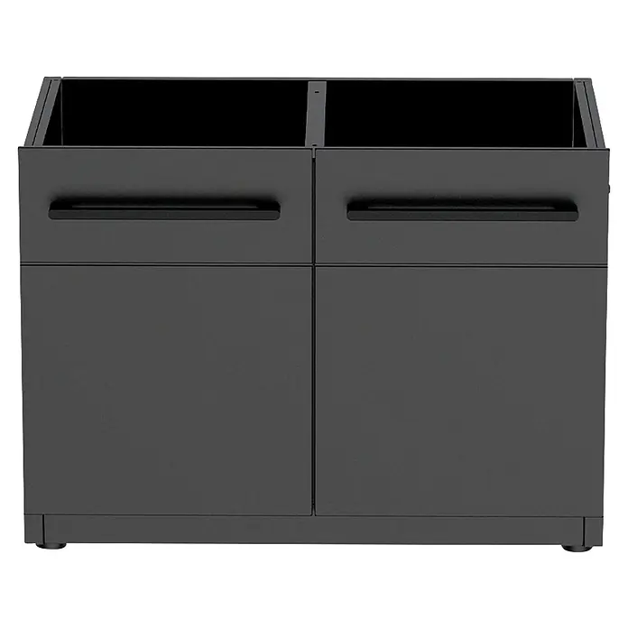 Cozze Elements Outdoorküchen-Modul Seitenschrank - Schwarz, B x T x H: 90 x 60 x 66,5 cm, Stahl - Matt dunkelgrauer Schrank mit zwei offenen oberen Fächern, zwei Schubladen und zwei Türen.