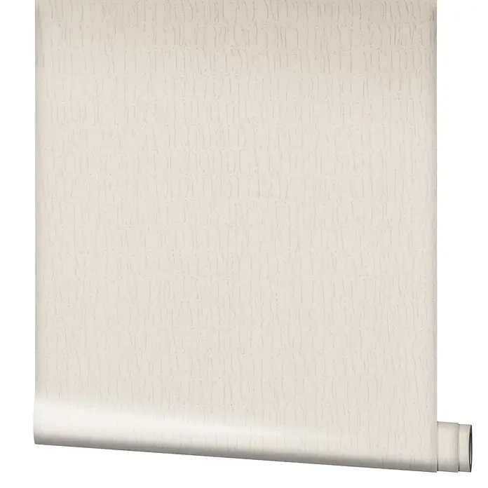 Marburg Kumano Vliestapete Struktur - Creme, Sonstiges, 10,05 x 0,53 m - Rolle hellbeiger strukturierter Tapete mit feinen vertikalen Linien, teilweise abgerollt.