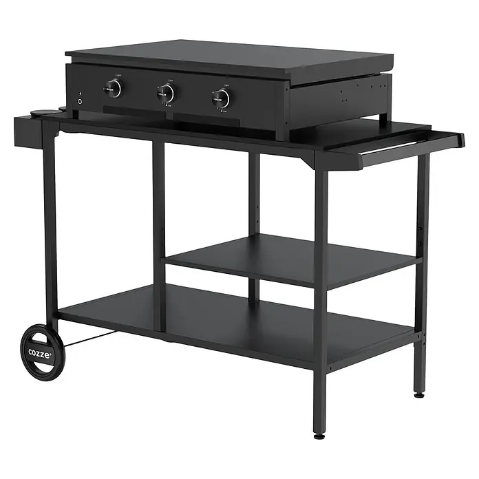 Cozze Elements Beistellwagen - Schwarz, B x T x H: 115 x 60 x 90 cm - Schwarze Grillplatte auf einem mobilen Metallwagen mit drei Ablagen und Rädern.