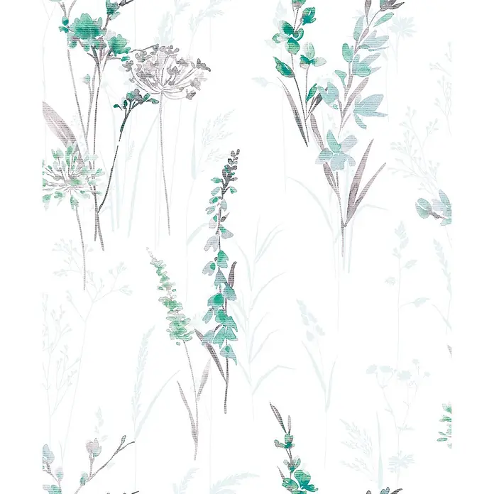 Marburg Novamur Plus Fresh UP Vliestapete Floral I - Weiß-Grün, Floral, 10,05 x 0,53 m - Nahtloses botanisches Muster mit Aquarellblumen und Gräsern in Grün, Türkis und Grau.