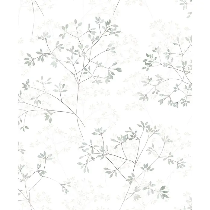 Marburg Novamur Plus Fresh UP Vliestapete Floral II - Weiß-Grün, Floral, 10,05 x 0,53 m - Zartes Muster aus hellgrünen Blättern und Zweigen mit subtilen Texturdetails für einen sanften, natürlichen Look.