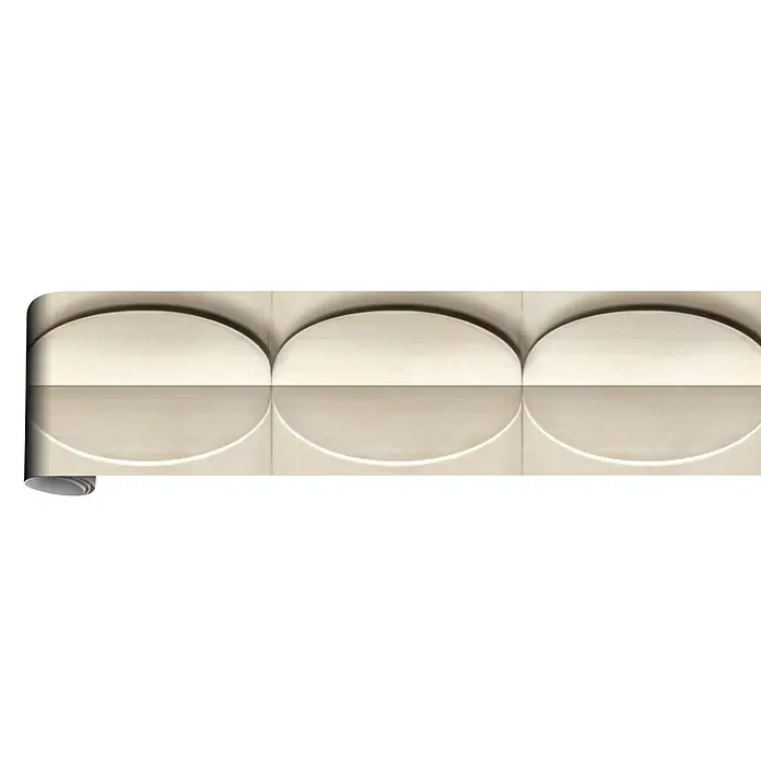 Marburg Shades Iconic Tapetenborte Grafik I - Beige, Grafisch, Vlies - Heller beiger strukturierter Tapetenrolle mit wiederholtem halbkreisförmigem Prägemuster.