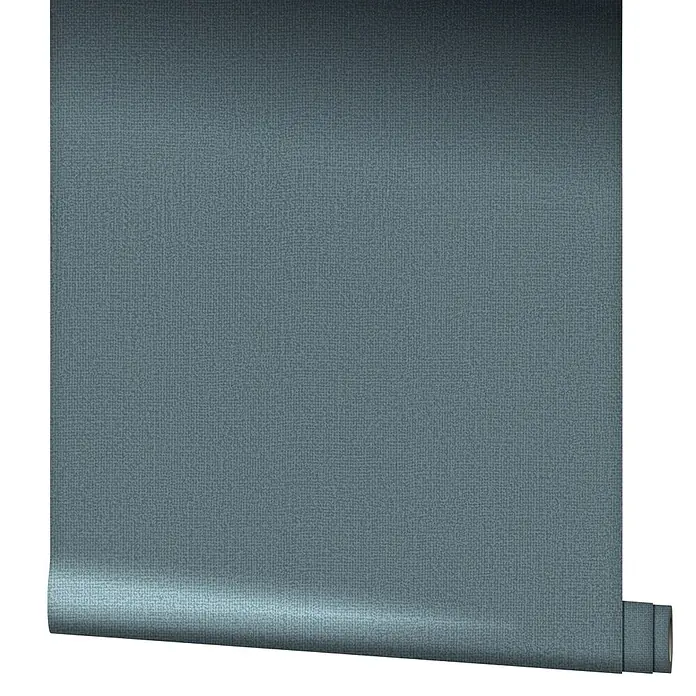 Marburg Kumano Vliestapete - Blau, Uni, 10,05 x 0,53 m - Strukturierte dunkelblau-graue Tapetenrolle, teilweise abgerollt, um ihr Webmuster zu zeigen.