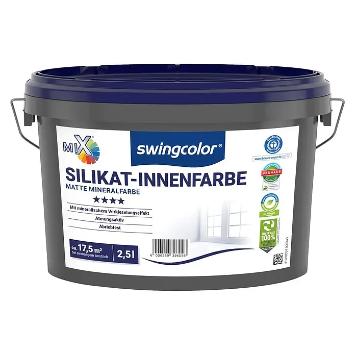 swingcolor Mix Wandfarbe Silikat-Innenfarbe zum Mischen lassen - Basismischfarbe 4, Matt, 2,5 l, Konservierungsmittelfrei - Dunkelgrauer Farbeimer mit blauem Deckel, beschriftet mit „swingcolor SILIKAT-INNENFARBE“ und Umweltzertifikaten.