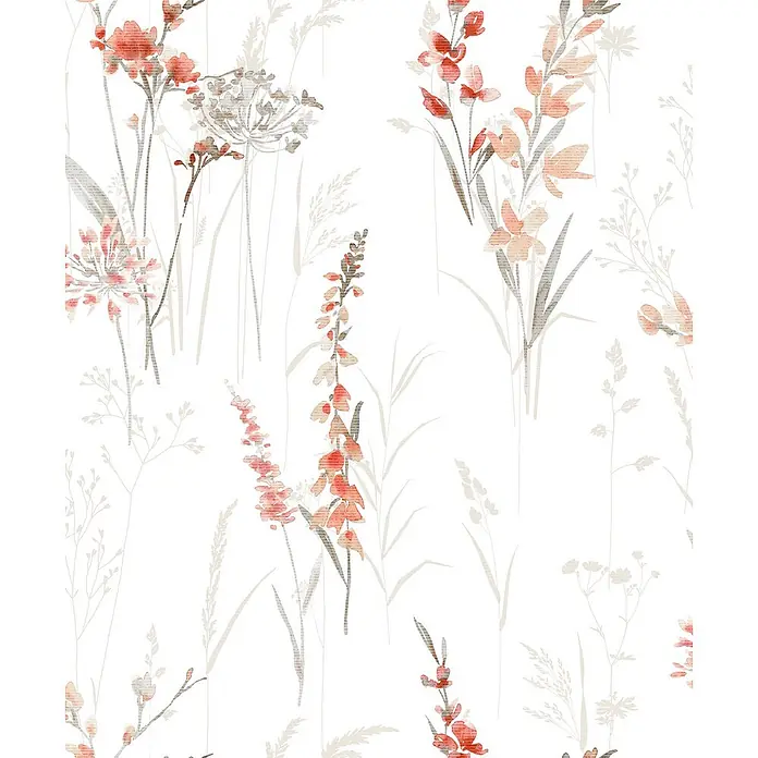 Marburg Novamur Plus Fresh UP Vliestapete Floral I - Weiß-Rot, Floral, 10,05 x 0,53 m - Nahtloses Muster aus zarten Aquarell-Wildblumen und Gräsern in gedämpften Korallen-, Pfirsich- und Grautönen.