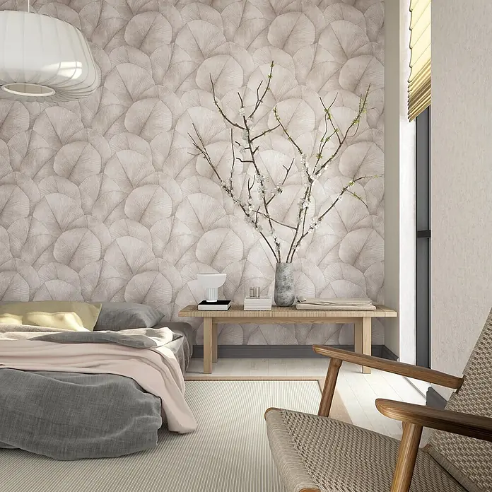 Marburg Kumano Vliestapete Floral - Rosa, Floral, 10,05 x 0,53 m - Strukturierte beige Tapete mit überlappendem fächerförmigem Muster, die eine ruhige Schlafzimmerwand aufwertet.