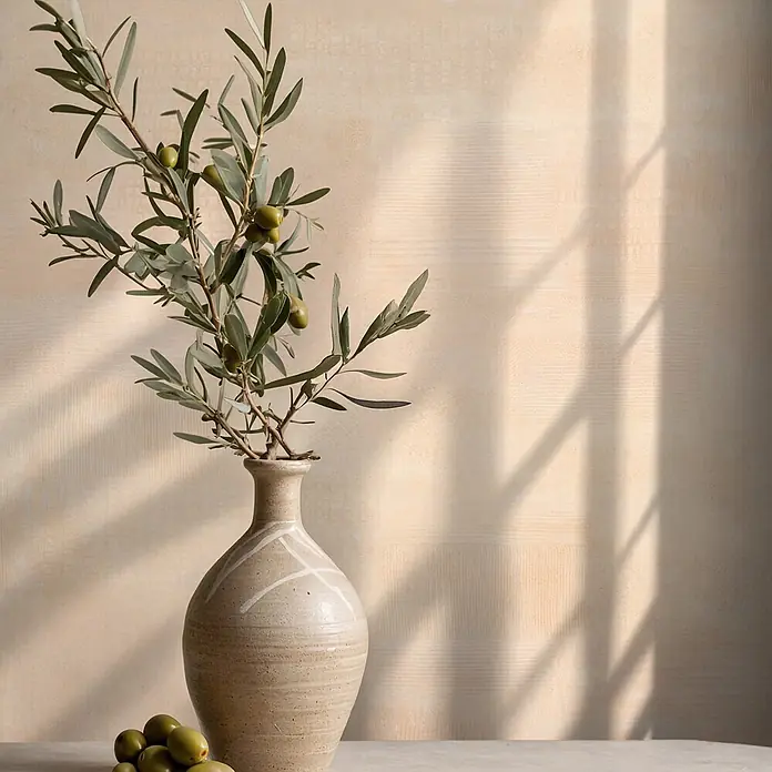 Marburg Novamur Plus Fresh UP Vliestapete Uni - Beige, Uni, 10,05 x 0,53 m - Strukturierte Keramikvase mit frischen Olivenzweigen und grünen Oliven, auf einer Oberfläche.