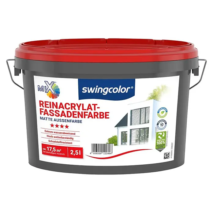 swingcolor Mix Reinacrylat-Fassadenfarbe zum Mischen lassen - Basismischfarbe 4, 2,5 l - Grauer Farbeimer mit rotem Deckel, beschriftet als „Reinacrylat-Fassadenfarbe“ für den Außenbereich. Enthält 2,5L, reicht für 17,5m², aus 100% recyceltem Kunststoff.