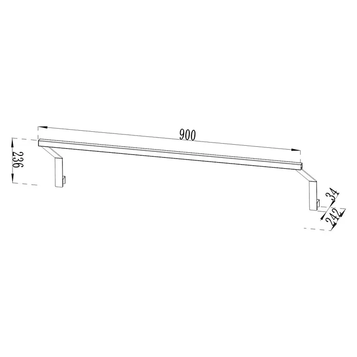 Cozze Elements Halterung für Lichtschlauch - Breite: 90 cm, Stahl/Aluminium, Passend für: Cozze Elements Rückwand - Technische Zeichnung einer 900mm langen Metallschiene mit zwei Halterungen, Höhe 236mm, Halterungstiefe 34mm.