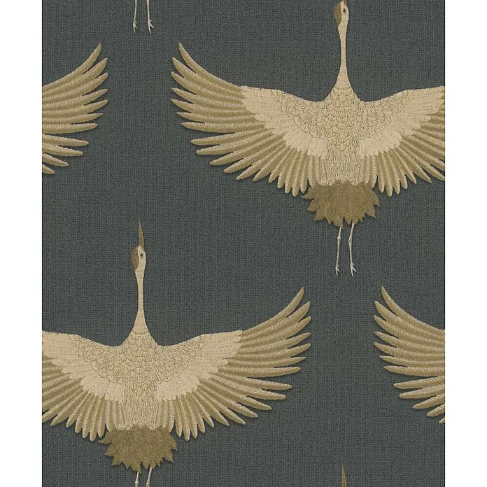 Marburg Kumano Vliestapete Grafik - Schwarz, Grafisch, 10,05 x 0,53 m - Wiederholendes Muster goldener, bestickter Kraniche mit ausgebreiteten Flügeln.