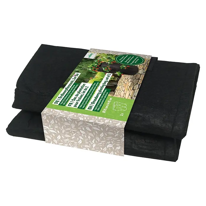 Romberg Anzuchttopf Textil 2er Set - Passend für: Erdbeeren, Schwarz - Zwei schwarze Erdbeerpflanzsäcke aus Stoff, flach gefaltet, mit Etikett. Ideal für Erdbeeren, Kräuter und Blumen, mit 8 Seitentaschen.