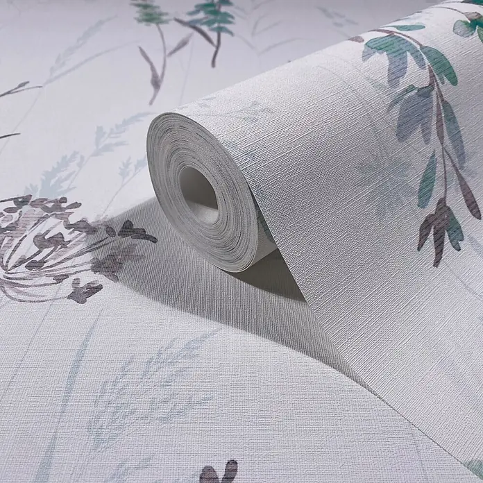 Marburg Novamur Plus Fresh UP Vliestapete Floral I - Weiß-Grün, Floral, 10,05 x 0,53 m - Rolle strukturierter hellgrauer Tapete mit dezentem botanischem Muster in gedämpftem Grün und Braun.