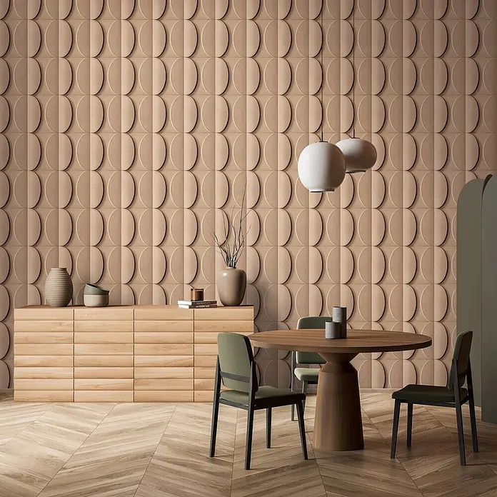 Marburg Shades Iconic Vliestapete Grafik V - Beige, Grafisch, 10,05 x 0,53 m - Strukturierte beige Wandfliesen mit geprägten ovalen Formen, die ein modernes, skulpturales Design bilden.