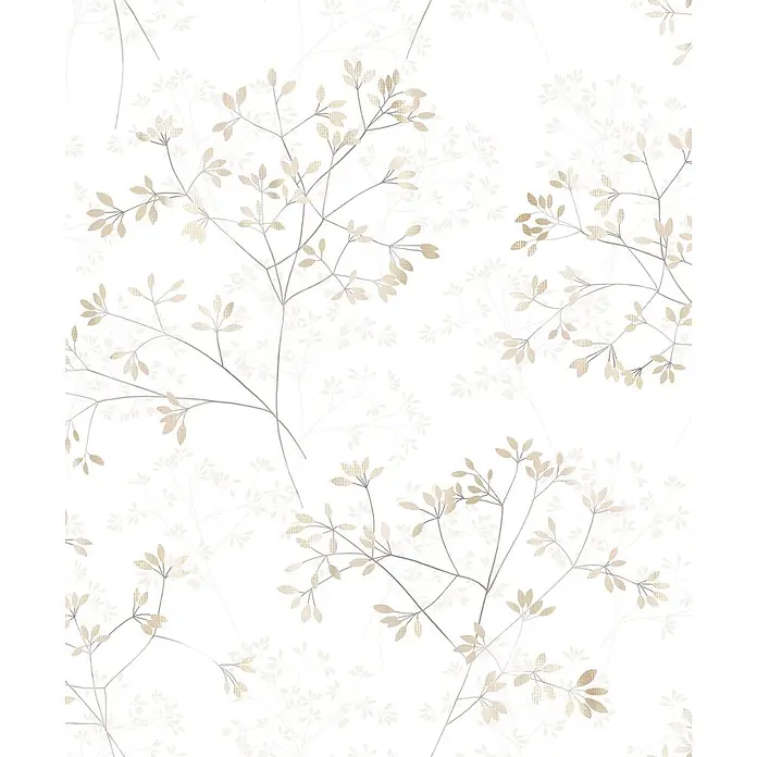Marburg Novamur Plus Fresh UP Vliestapete Floral II - Weiß-Beige, Floral, 10,05 x 0,53 m - Zartes Muster aus hellbraunen, texturierten Blättern an dünnen grauen Ästen.