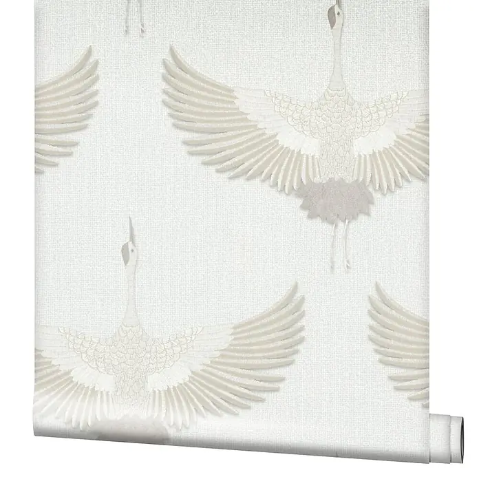 Marburg Kumano Vliestapete Grafik - Weiß, Grafisch, 10,05 x 0,53 m - Helle Tapetenrolle mit elegantem Kranichmuster in Weiß.
