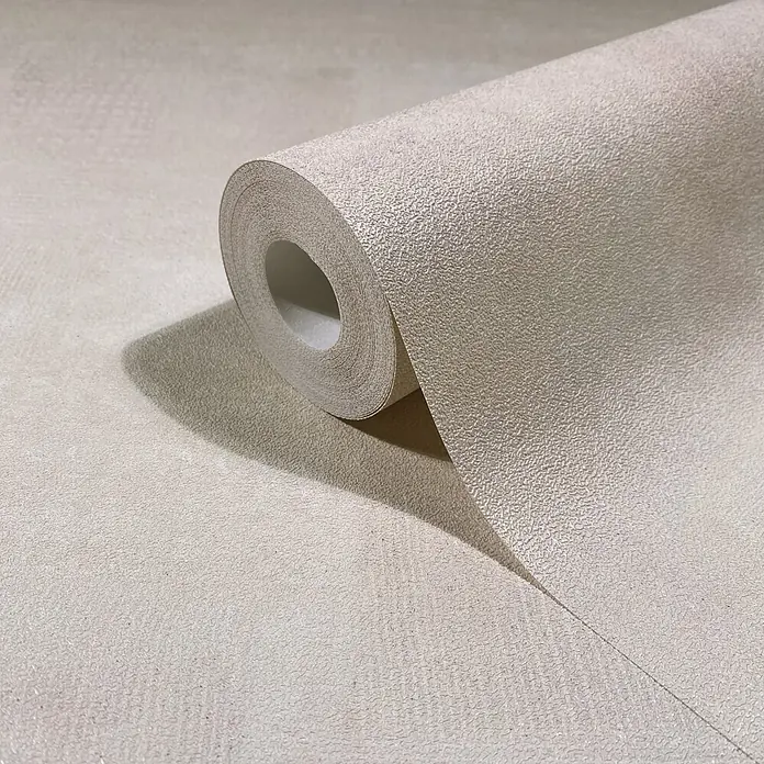 Marburg Novamur Plus Fresh UP Vliestapete Uni - Creme, Uni, 10,05 x 0,53 m - Eine Rolle hellbeiger, strukturierter Tapete, teilweise abgerollt, zeigt ihre raue, gemusterte Oberfläche.