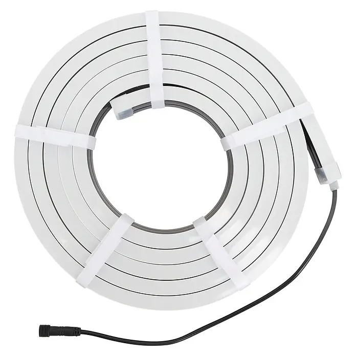 Cozze Elements LED-Lichtschlauch - Länge: 300 cm, Passend für: Cozze Elements Lichtschlauch Halterung - Aufgerollter weißer LED-Lichtstreifen mit schwarzem Stromkabel und Stecker.