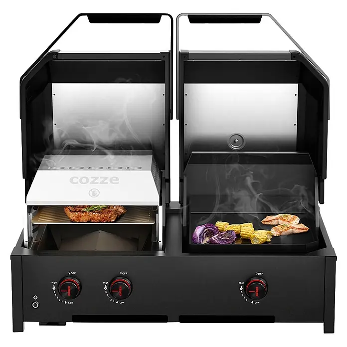 Cozze Hybrid-Grill Quattro 900 - Grillfläche (B x T): 72,7 x 34,5 cm, 13 kW, Anzahl Brenner: 3 Stk. - Schwarzer Dual-Zone-Gasgrill, der Steak, Fisch und Gemüse mit sichtbarem Rauch zubereitet. Mit drei Reglern und reflektierenden Innenflächen.