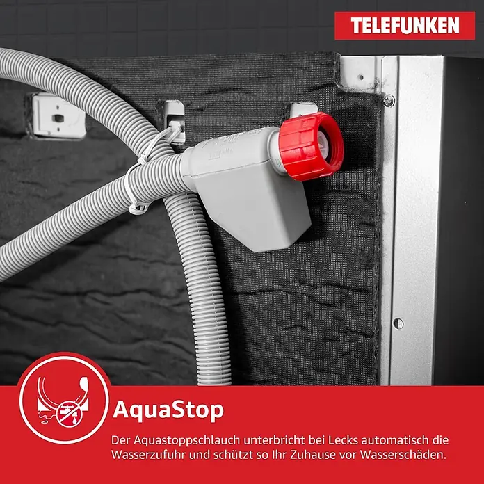 Telefunken Einbaugeschirrspüler GET6012DI - Anzahl Maßgedecke: 12 Stk., Teilintegriert - Grauer Wellschlauch des AquaStop-Systems mit rotem Ventil, am Geräterücken montiert zum Schutz vor Wasserschäden.
