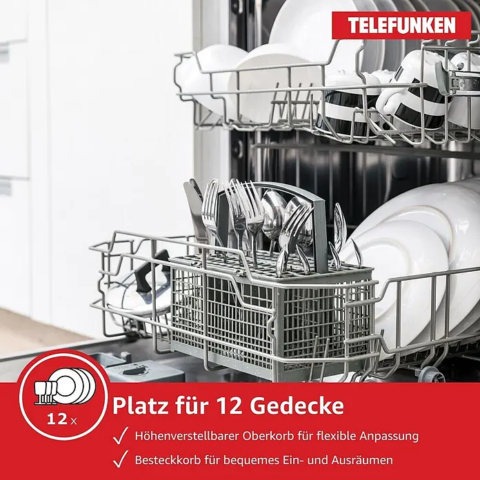 Telefunken Einbaugeschirrspüler GET6012DI - Anzahl Maßgedecke: 12 Stk., Teilintegriert - TELEFUNKEN Geschirrspüler-Innenraum mit 12 Gedecken weißem Geschirr und Besteck, mit verstellbarem Oberkorb und Besteckkorb.